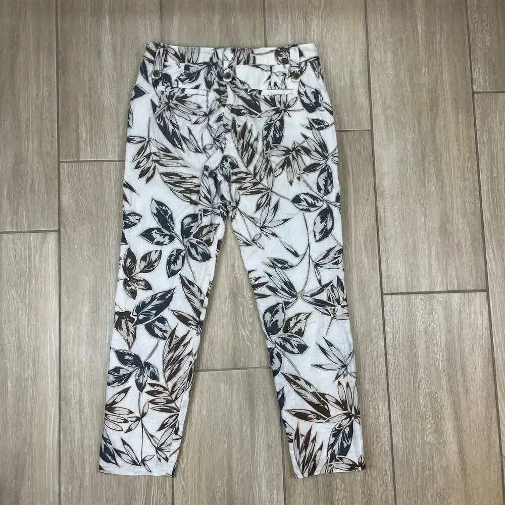 J Crew Linen Pants Womens 2 Ivory Tropical Leaf Print Cropped Lined Resort
